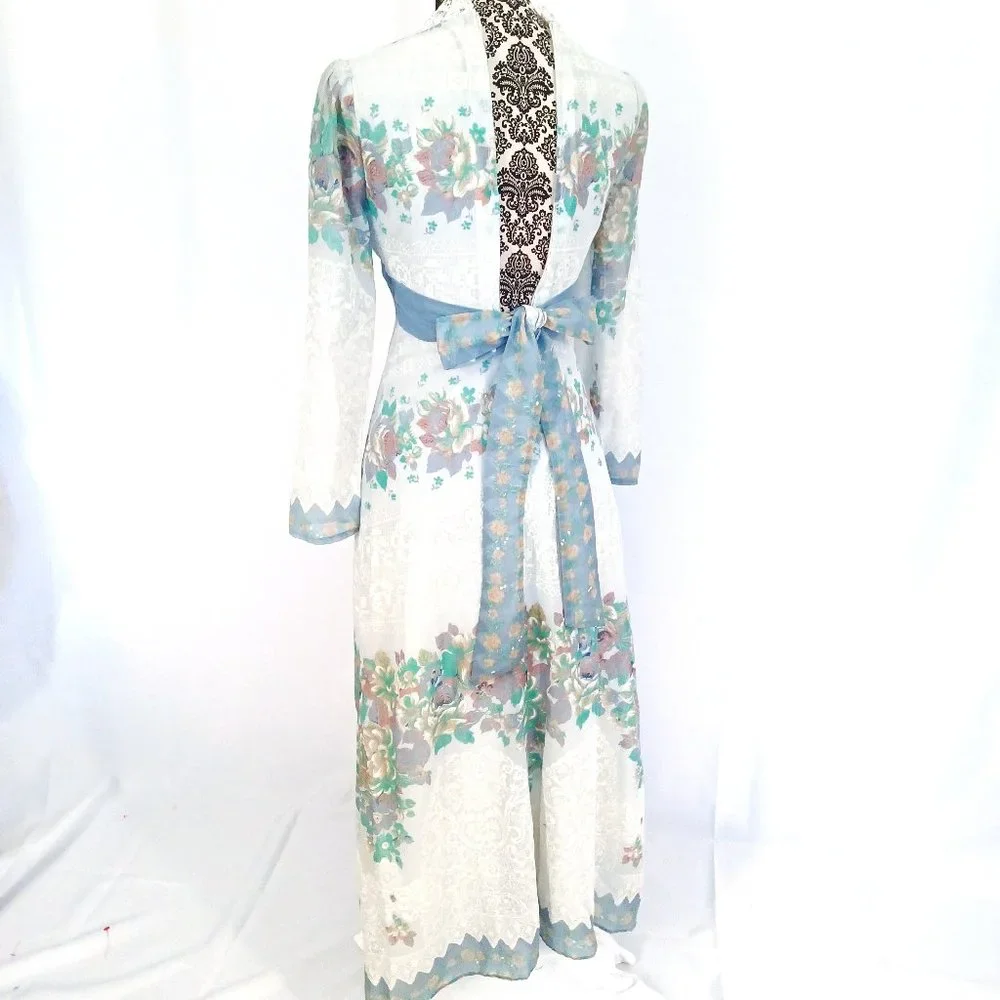 VINTAGE 70's Floral Voile LS High Waist Cottagecore Prairie Maxi Dress XS - Picture 5 of 5